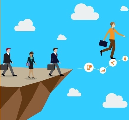 Graphic of business people walking off a cliff onto a tightrope.