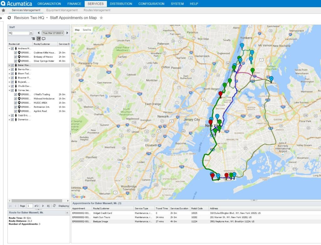 Screenshot of Acumatica interface including Google Map routing.