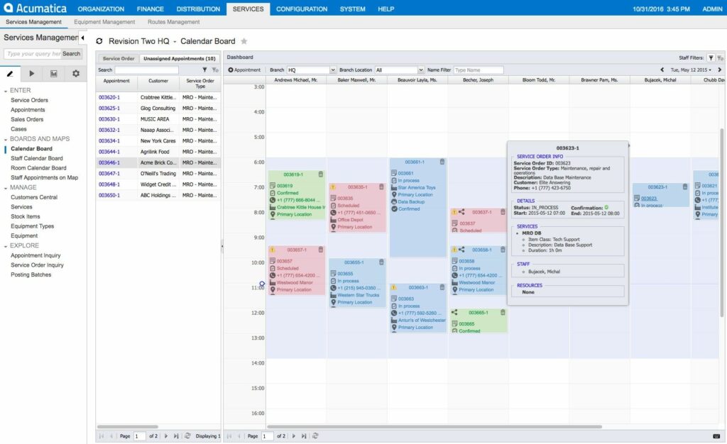Screenshot of Acumatica's Visual Scheduling Board.