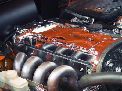 A shiny automobile engine.