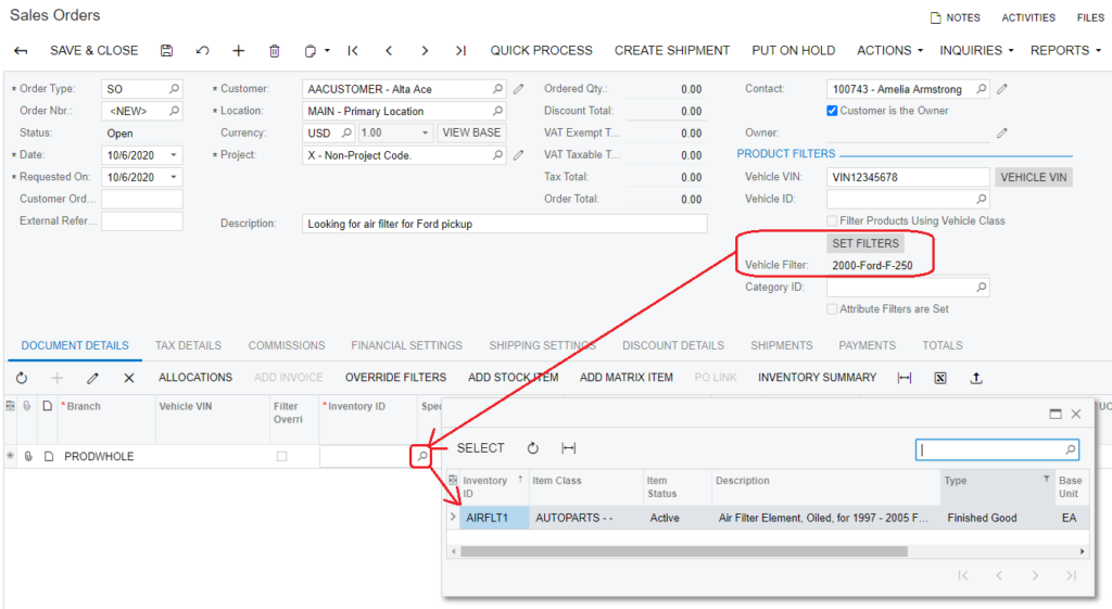 Screenshot of sales order with filters applied Acumatica automotive parts erp accounting.