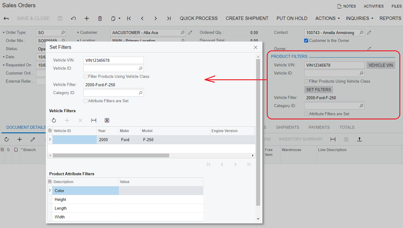 Screenshot of sales order with filters popup Acumatica automotive parts erp accounting.
