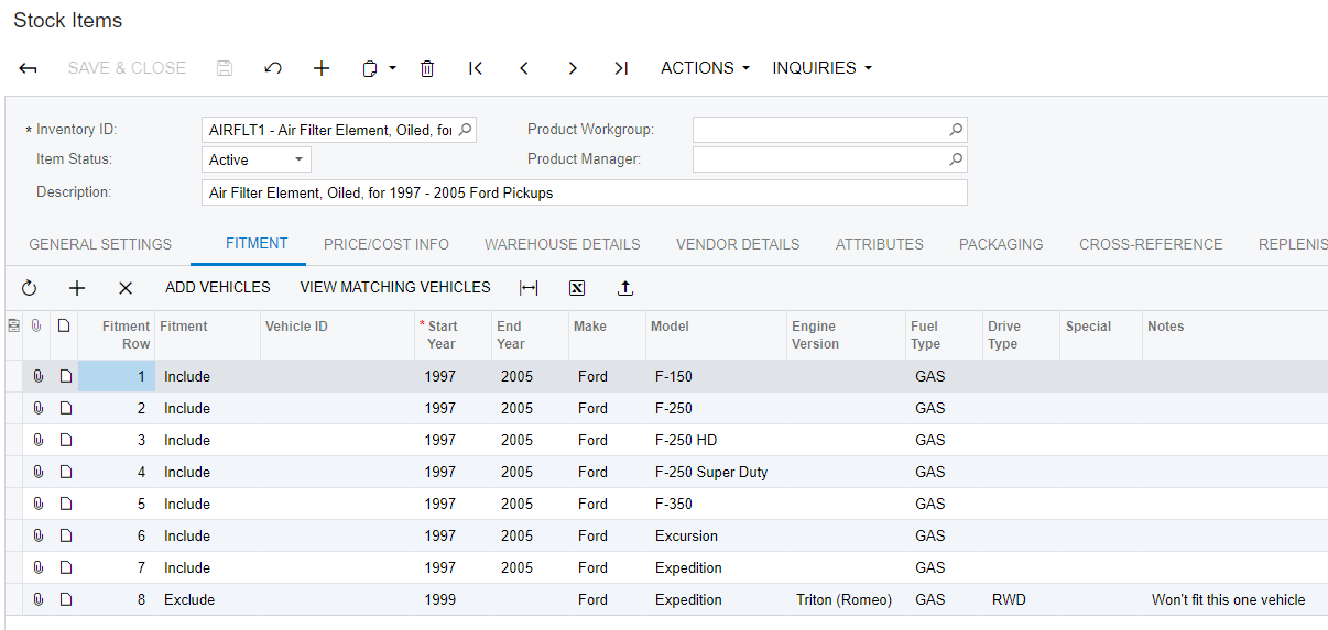 Screenshot of stock item fitment Acumatica automotive parts erp accounting