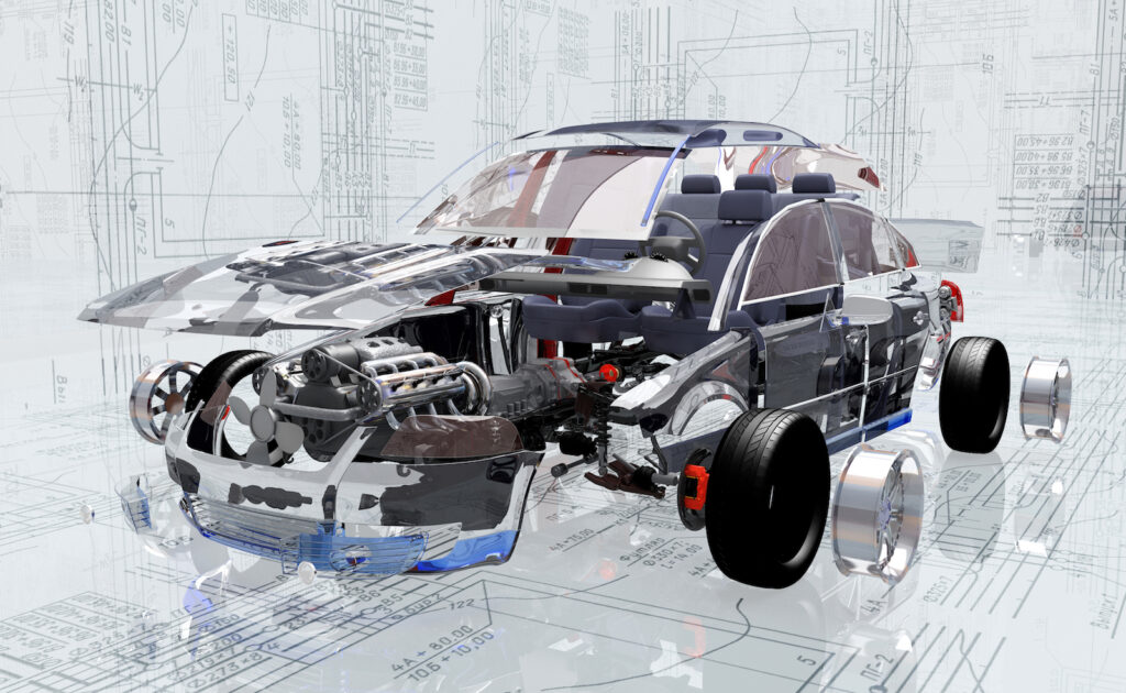 Graphic of car with translucent exterior so interior auto parts can be displayed.