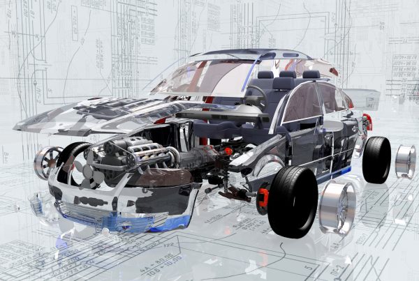 Graphic of car with translucent exterior so interior auto parts can be displayed.