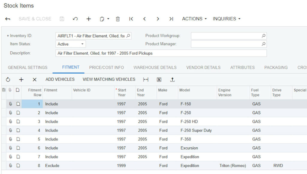 Screenshot of Acumatica stock items.