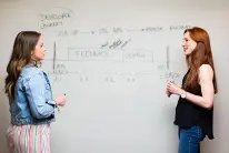 Two women standing at a whiteboard having a business discussion.