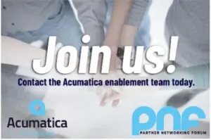 Join us! Contact the Acumatica enablement team today. People holding hands in the background.