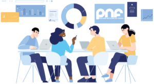 Illustrations of four people having a business meeting around a table and the PNF logo displayed.