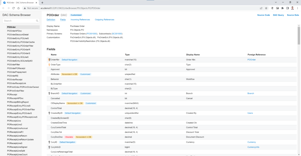 Screenshot of DAC Schema Browser.