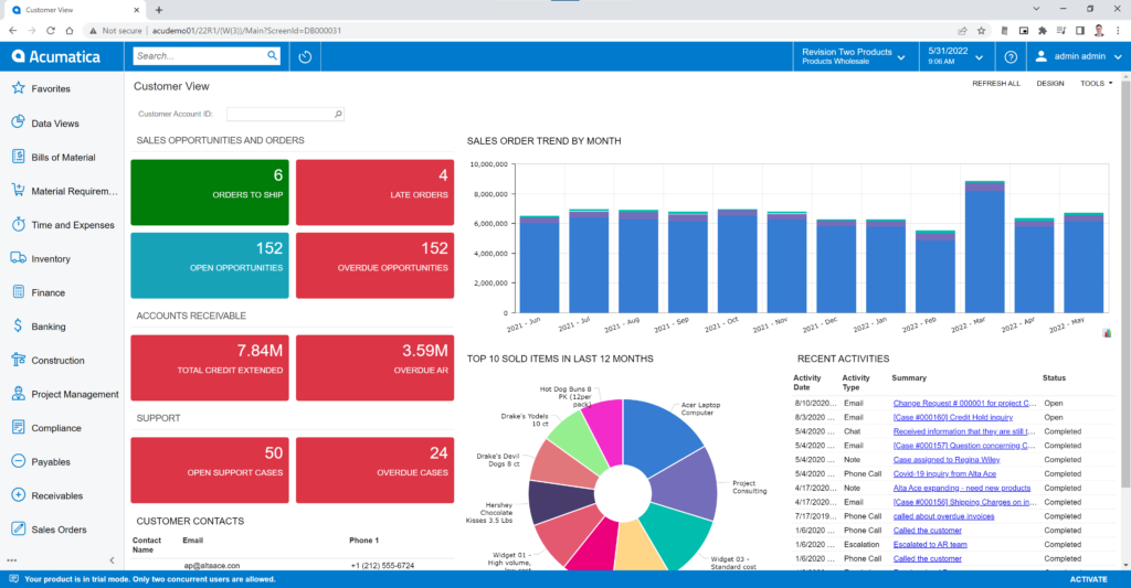 Screenshot of Acumatica dashboard for customer's view.