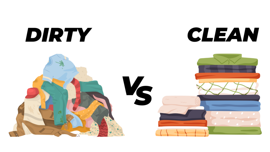 Illustration of a pile of dirty clothes and neatly folded clean clothes as a representation of why data integrity is crucial for ERP systems.