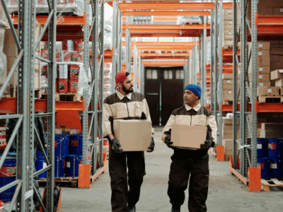 Two people walking through a distribution warehouse that runs efficiently and effectively with Business in a Box.