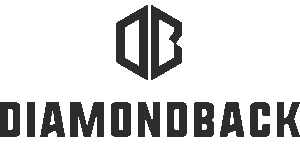 Black "Diamondback" logo with a stylized geometric emblem above the text, featuring angular shapes that form the letters "D" and "B" inside a hexagonal outline on a light background.
