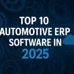 White text on a dark background with gears, reading "Top 10 Automotive ERP Software in 2025," with a cloud icon and digital circuit lines, suggesting a focus on cloud-based automotive ERP solutions.