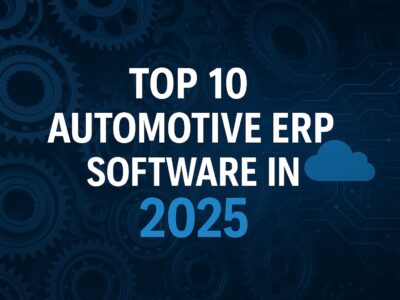 White text on a dark background with gears, reading "Top 10 Automotive ERP Software in 2025," with a cloud icon and digital circuit lines, suggesting a focus on cloud-based automotive ERP solutions.