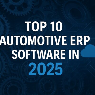 White text on a dark background with gears, reading "Top 10 Automotive ERP Software in 2025," with a cloud icon and digital circuit lines, suggesting a focus on cloud-based automotive ERP solutions.