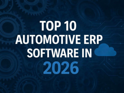 Dark blue background with gear illustrations and circuit lines. Bold white and blue text reads: "Top 10 Automotive ERP Software in 2026" with a blue cloud icon next to the word "in.