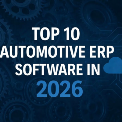 Dark blue background with gear illustrations and circuit lines. Bold white and blue text reads: "Top 10 Automotive ERP Software in 2026" with a blue cloud icon next to the word "in.
