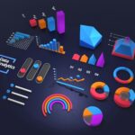 A 3D illustration of various colorful data visualizations, including bar graphs, pie charts, line graphs, donut charts, sliders, and a "Data Analytics" label, all displayed on a dark background.