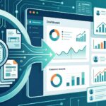 Illustration of data analysis: a magnifying glass and gears focus on a computer dashboard displaying graphs, charts, and data visualizations, symbolizing analytics, technology, and business insights.