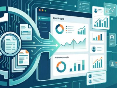 Illustration of data analysis: a magnifying glass and gears focus on a computer dashboard displaying graphs, charts, and data visualizations, symbolizing analytics, technology, and business insights.