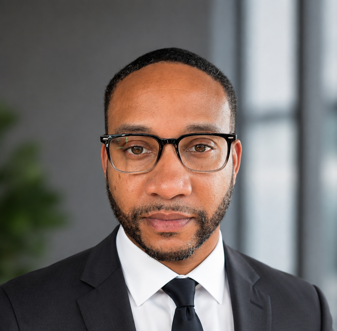 A man in a suit and tie with glasses stands indoors, looking directly at the camera. Representing the PC Bennett Solutions team, he exudes professionalism against a blurred background of large windows and a hint of greenery.