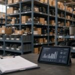 A tablet displaying a bar graph and a clipboard on a table in front of industrial warehouse shelving units filled with inventory.