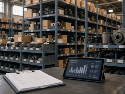 A tablet displaying a bar graph and a clipboard on a table in front of industrial warehouse shelving units filled with inventory.